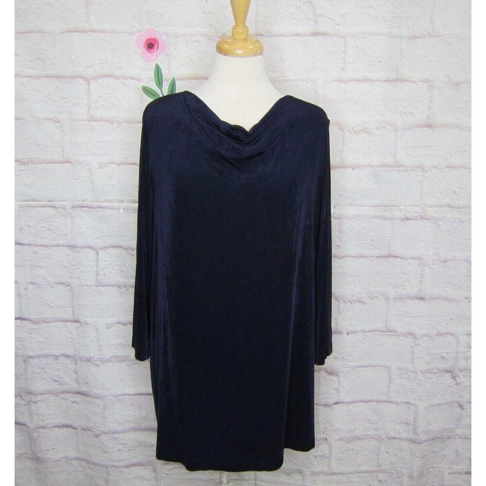 Citiknits size 1X Navy Blue Slinky Travel Knit Cowl Neck 3/4 Sleeve Top Stretch